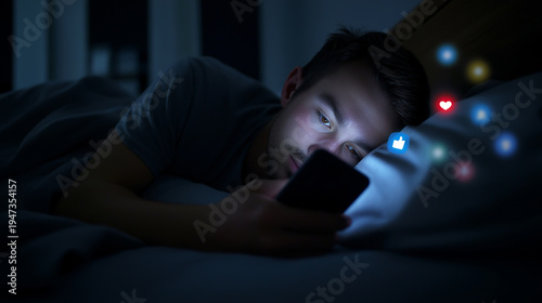 Young man lying in bed at night scrolling smartphone with social media notifications symbolizing digital addiction and sleep disruption.