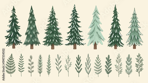 Whimsical collection of stylized evergreen trees in varying heights and designs Vector