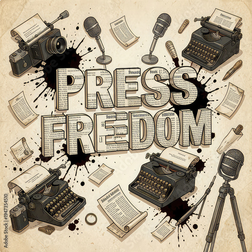 Vintage illustration of press freedom with typewriters, microphones, and cameras