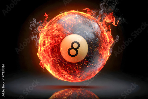 A striking image of a number eight billiard ball engulfed in fiery flames and smoke with a reflective surface on a dark background for dynamic effect
