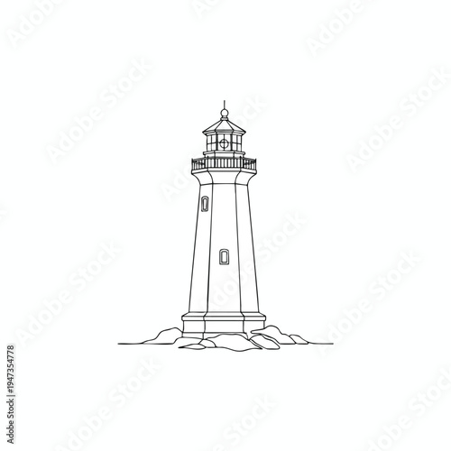 A simple line drawing of a lighthouse standing on rocks