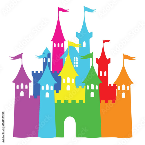 A vibrant, multi-towered castle with colorful flags and arched windows