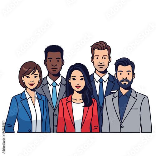 Diverse team of five professionals posing confidently in business attire