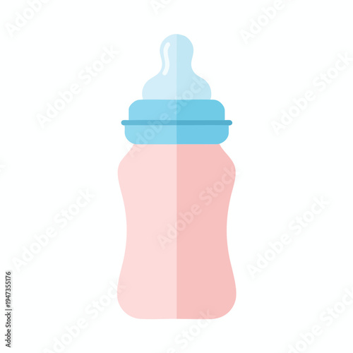 Simple flat design of a baby bottle with a blue cap and light pink body