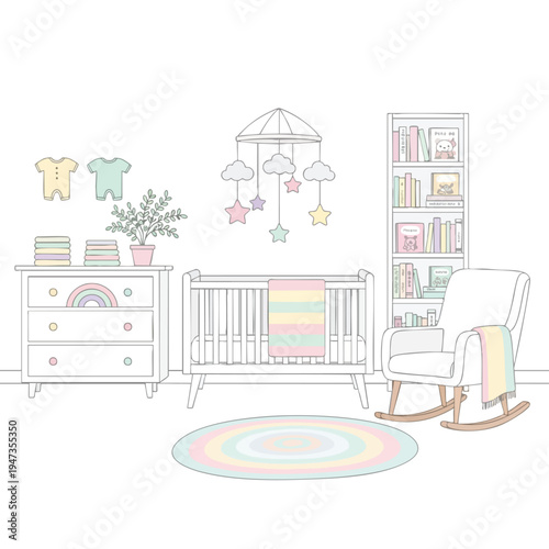 A pastel nursery with crib, dresser, bookshelf, rocking chair, and mobile