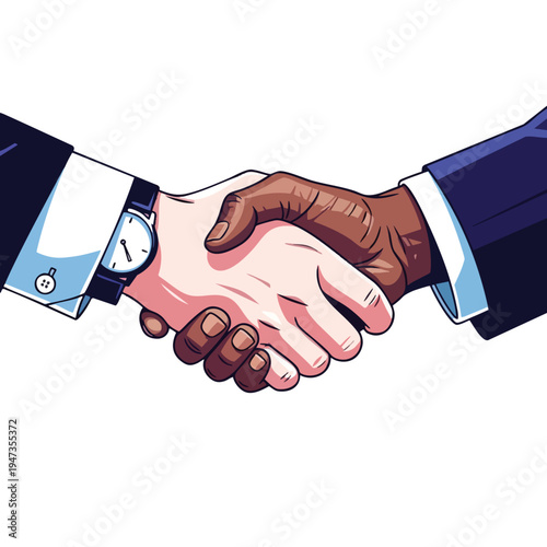 Two hands shake in agreement, one darker skin, one lighter, wearing suits