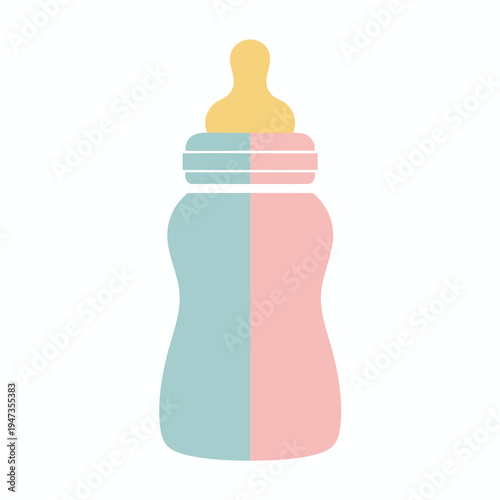 Soft pink, blue, and yellow baby bottle graphic illustration