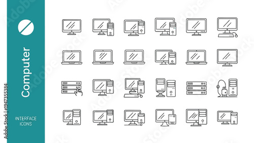 Collection of various icons depicting electronic devices and office equipment. Vector