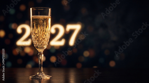 Elegant Crystal Champagne Glass with Blurred Glowing 2027 Background

