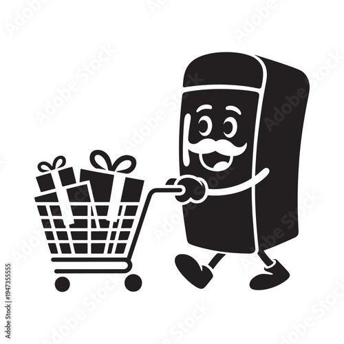 Smiling bread loaf character cheerfully pushes a shopping cart of gifts