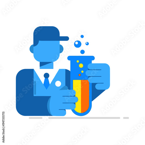 Scientist holding test tube with bubbling liquid, flat design illustration