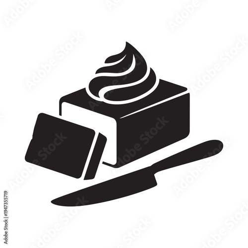 Black and white illustration of a cheesecake slice with a knife