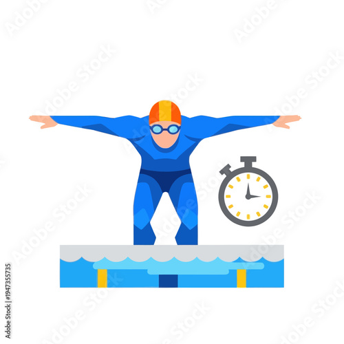 Swimmer Ready to Dive, Stopwatch Icon, Swimming Pool Start