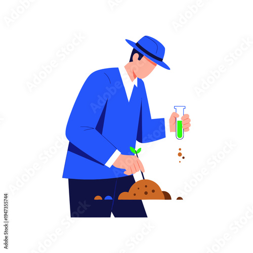 Scientist examining plant growth in soil with test tube, illustration
