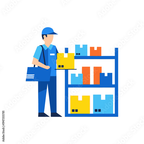 Delivery man carrying package near storage shelves with boxes, logistics and shipping concept