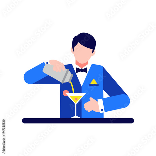 Bartender making cocktail, barman pouring drink into glass, flat design, vector illustration