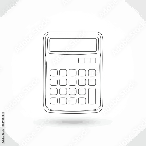 Minimalist line art sketch of a handheld calculator with a blank screen and many buttons