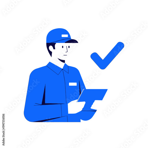 Delivery person with tablet and checkmark, logistics and service confirmation