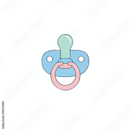 Baby pacifier with teal nipple, blue shield and pink ring