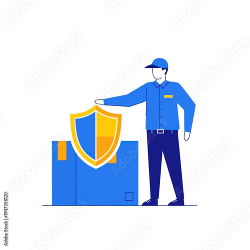 Delivery man with package and shield, logistics security, safe shipping concept illustration