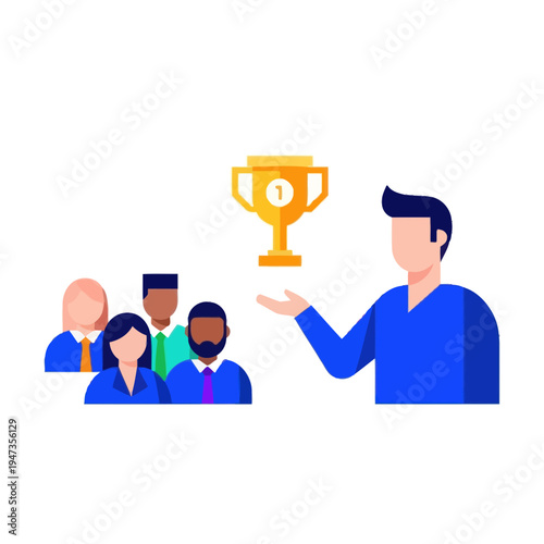 Teamwork Success: Leader Presents Trophy to Diverse Group of Colleagues