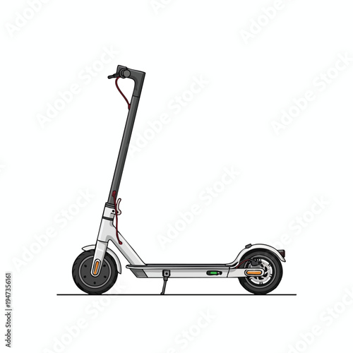 Clean, minimalist illustration of a white electric scooter standing upright on a white background
