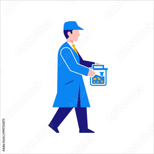 Scientist in Lab Coat Carrying Container with Liquid and Bubbles