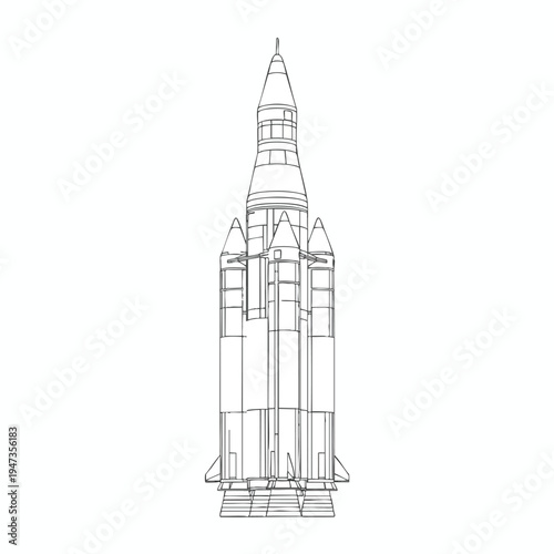 Detailed line drawing of a multi-stage rocket with booster rockets and conical payload fairing