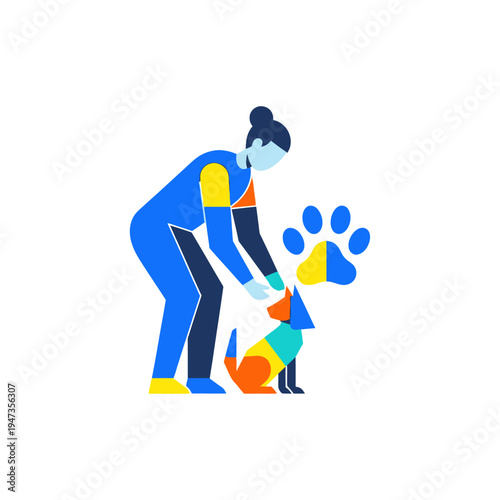 Person petting a colorful dog with a paw print icon, modern flat design illustration