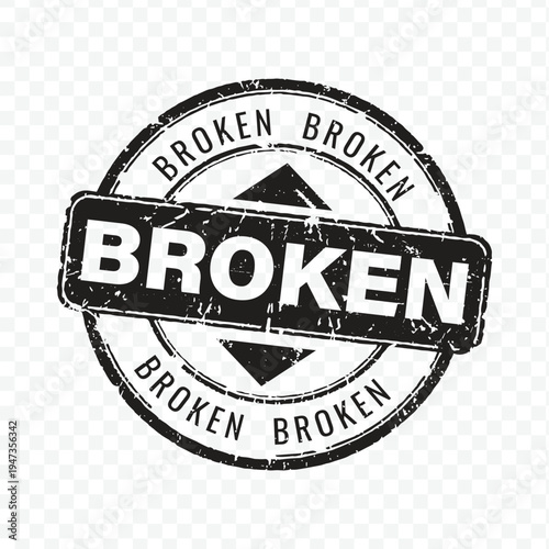 Broken text rubber stamp in black ink grunge style for damaged items and status marking needs