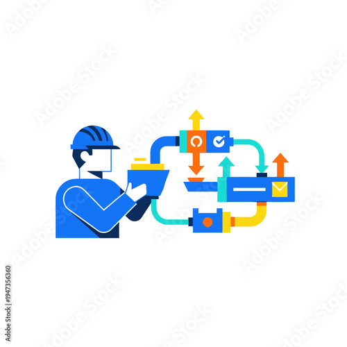 Engineer working on industrial pipeline system, process flow, automation, blue theme