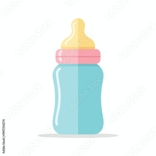 Flat illustration of a baby bottle with a yellow nipple and pink band