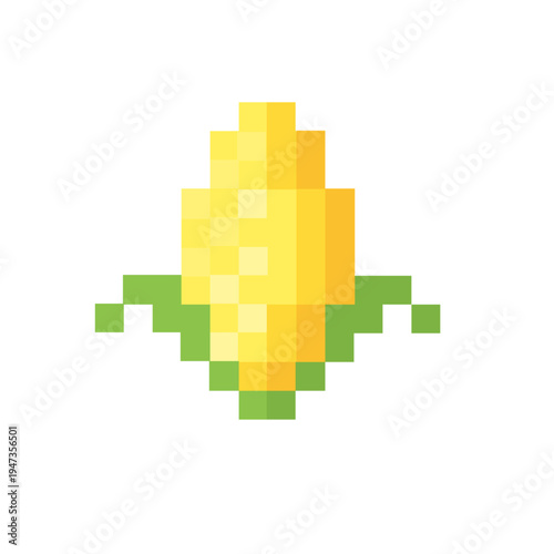 Charming pixel art illustration of a ripe yellow ear of corn, perfect for retro game assets, agricultural themes, or vibrant digital food designs with a nostalgic touch