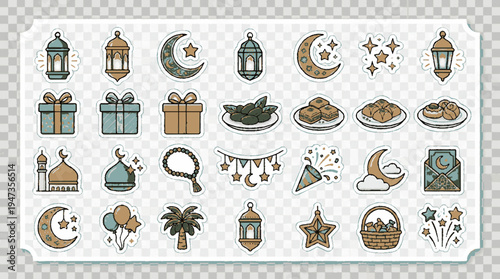 Celebratory eid sticker pack featuring lanterns crescent moons stars gift boxes and traditional food in a polished vector style
