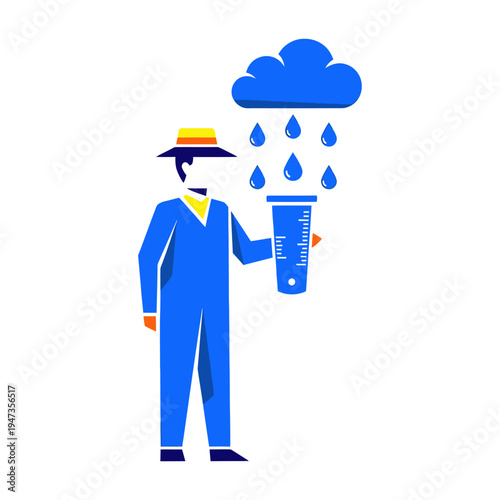 Meteorologist measuring rainfall with a pluviometer under a stylized cloud