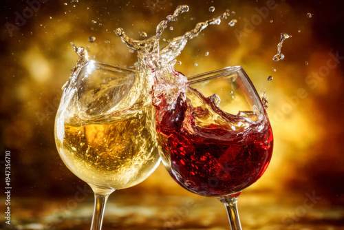 Two wine glasses clinking with dynamic splash of red and white wine against a warm golden background signaling celebration and festive cheer