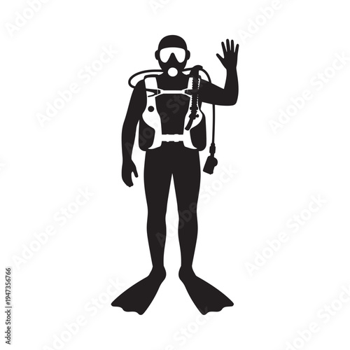 Silhouette of a scuba diver waving showcasing underwater exploration equipment