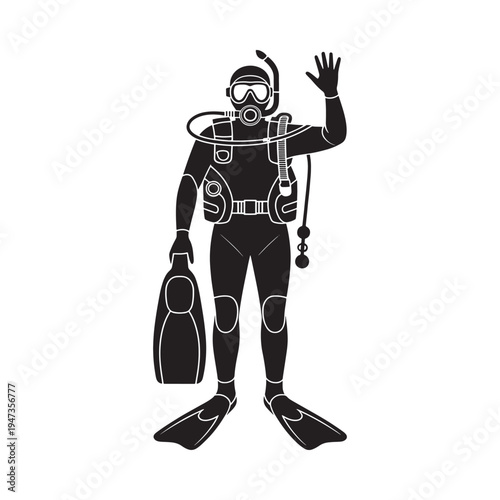 Black and white silhouette of a scuba diver waving hello