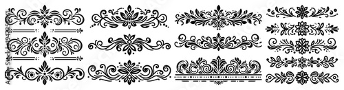 Ornate floral borders and decorative dividers collection. Vintage victorian style flourishes for wedding invitations and classic design.