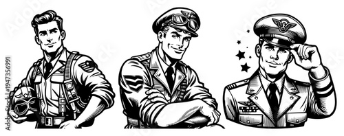 Retro military pilots and airforce officers vintage characters set. Heroic aviators in uniform hand drawn comic style portraits.