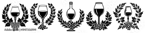 Wine emblems and winery logos with grape leaves and laurel wreaths. Elegant wine glass and bottle symbols for restaurant menu or vineyard brand.