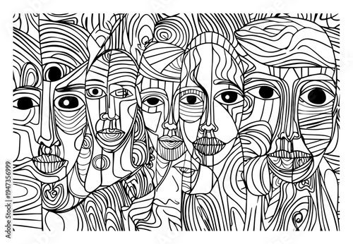 Cubist abstract faces pattern hand drawn woodcut style. Ethnic tribe people portrait group line art background.