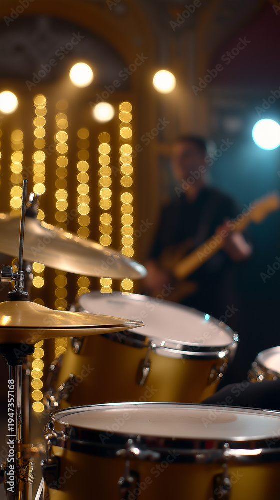 Obraz premium Drum set on stage with blurred musician and festive lights in background during live music performance.