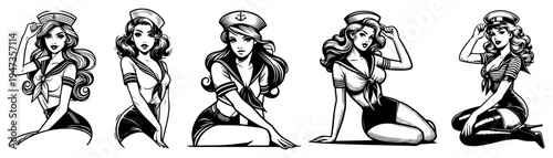 Pin-up sailor girls set in retro vintage style. Hand drawn navy theme nautical ladies for maritime decoration and tattoos.