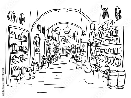 Old apothecary or wine cellar shop interior hand drawn sketch. Vintage historic store with shelves and barrels rustic architecture illustration.