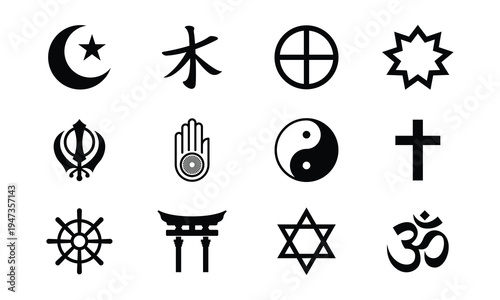 A diverse collection of twelve black and white religious symbols representing various faiths and spiritual beliefs from around the world.