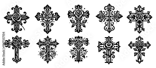 Decorative christian crosses with roses and floral ornaments set. Vintage gothic style crucifix symbols for tattoo or religious design.
