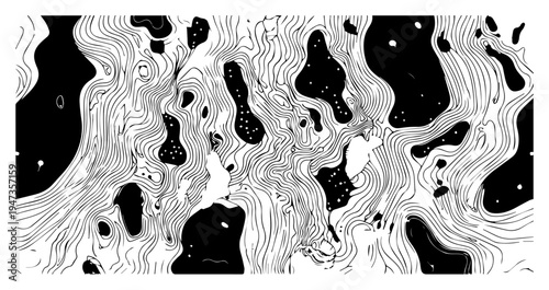 Abstract fluid topographical pattern with organic black and white shapes. Hand drawn wood grain or liquid flow texture for modern background.