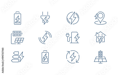 Collection of electric charging icons or symbols for energy and power, including battery level, wireless charging, plug socket, electric car, energy efficiency contour lines flat vector illustration.