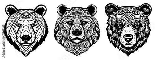 Tribal bear heads set with geometric and mandala patterns. Hand drawn grizzly bear mascot symbols for wildlife branding or t-shirt design.